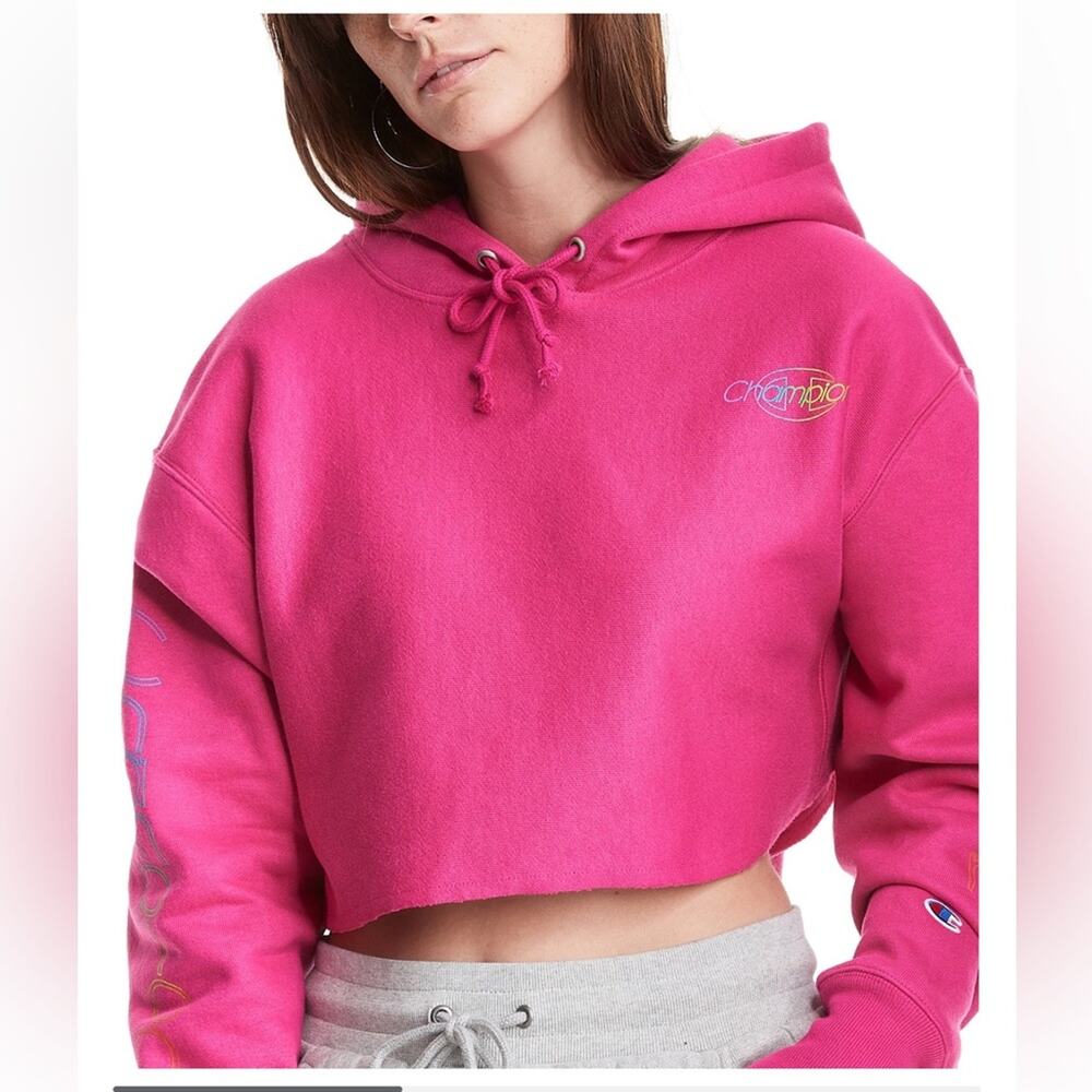 NWT Champion WOmens Reverse Weave Cropped Cutoff Hoodie Sweatshirt Pink Large - Picture 2 of 6